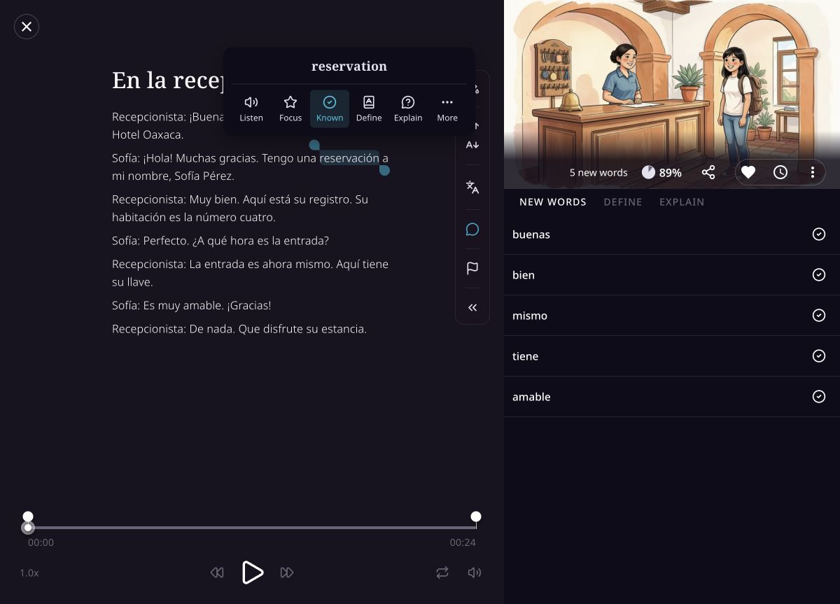 The signed-in Fluentsea reader showing a Spanish hotel dialogue, the English meaning of reservación, word actions, and narration controls.